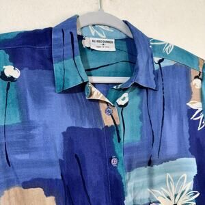 Alfred Dunner Short-Sleeve Button-Up Blouse Blue/Beige Abstract Florals Size 14
